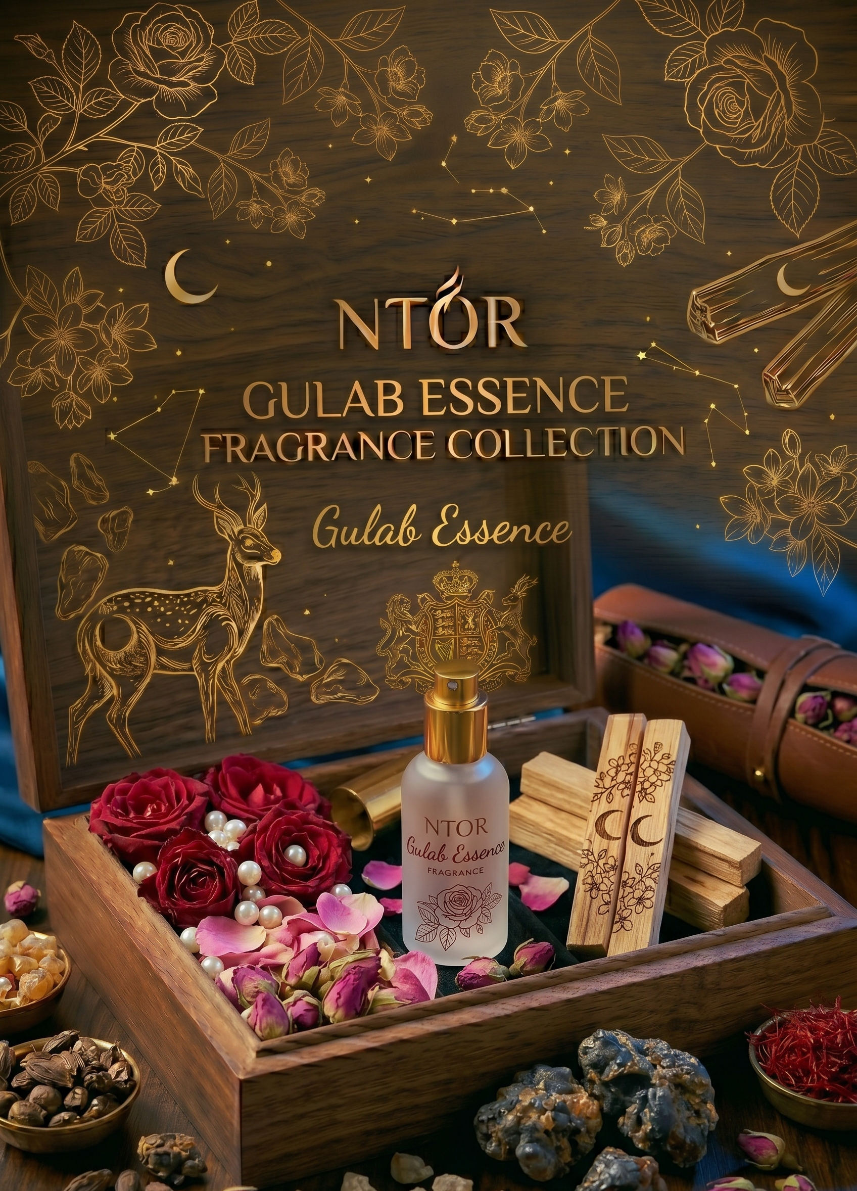NTØR Gulab Essence fragrance collection with wooden box, flowers, and bottle on a dark background